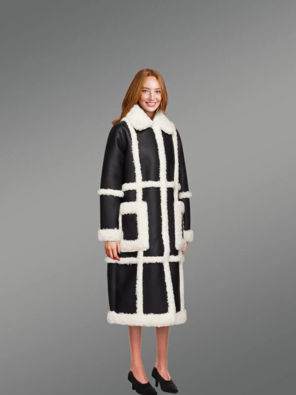 Women Shearling Classic Long Black and White Coat - Image 3