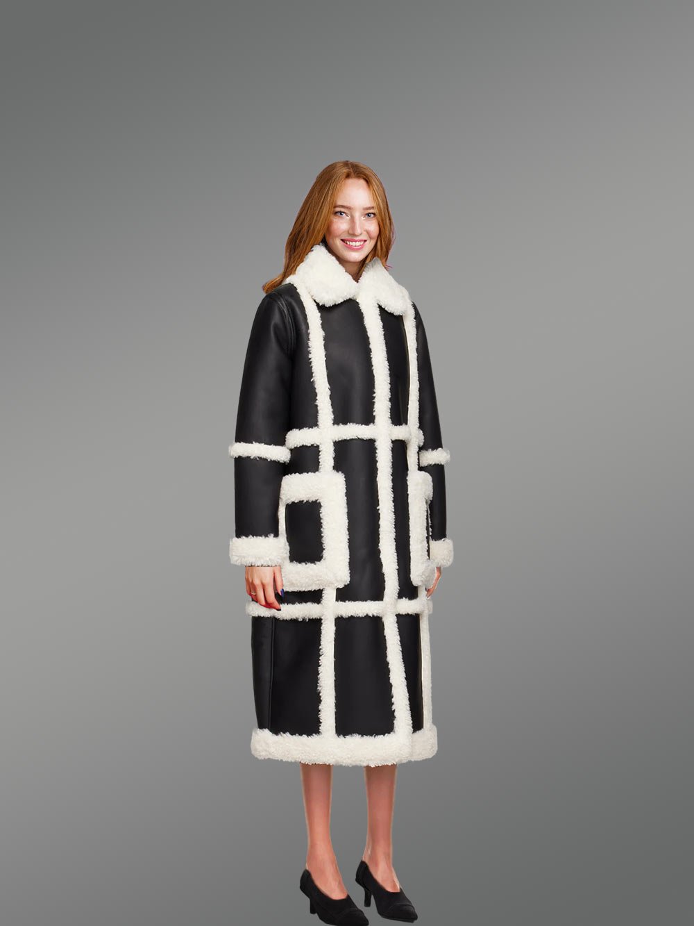 Women Shearling Classic Long Black and White Coat - Image 3