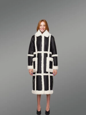 Women Shearling Classic long black and White Coat