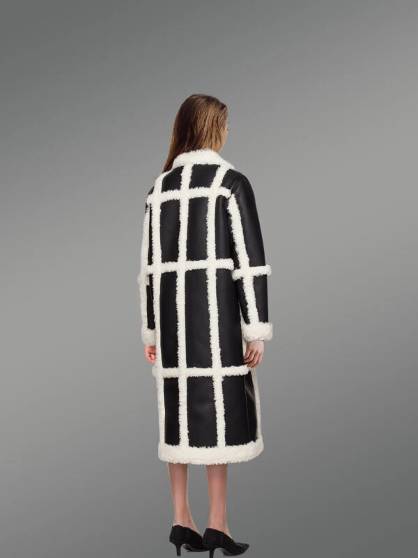 Women Shearling Classic Long Black and White Coat - Image 4