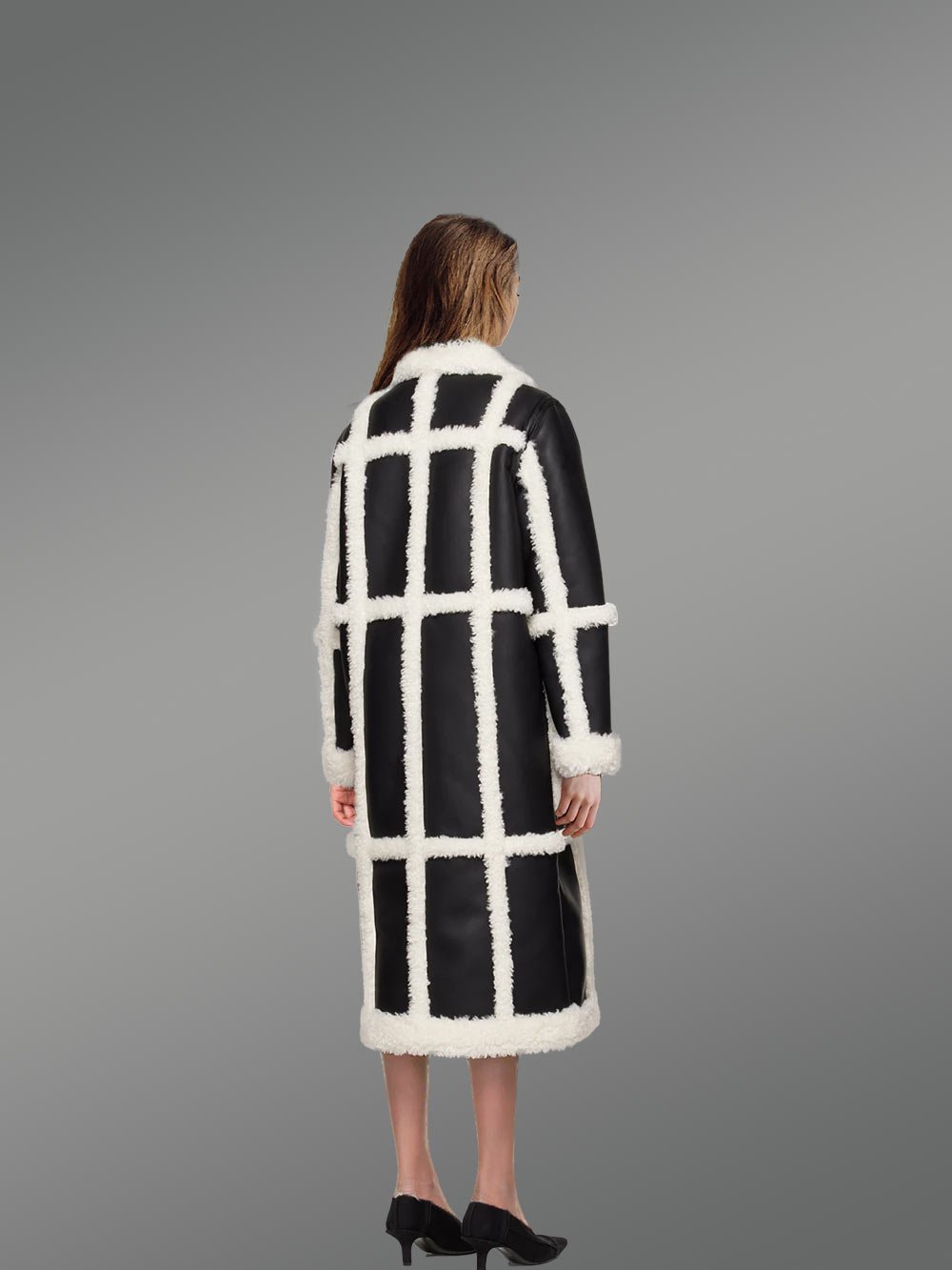 Women Shearling Classic Long Black and White Coat - Image 4
