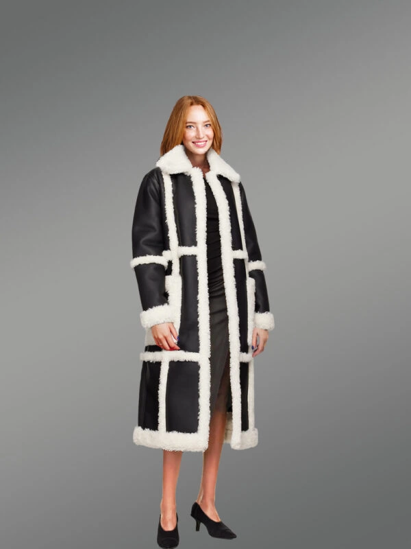 Women Shearling Classic Long Black and White Coat - Image 2