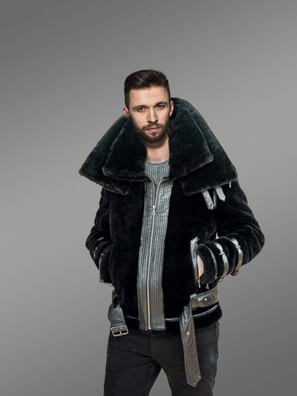 Men’s Belted Shealing Bomber in Black