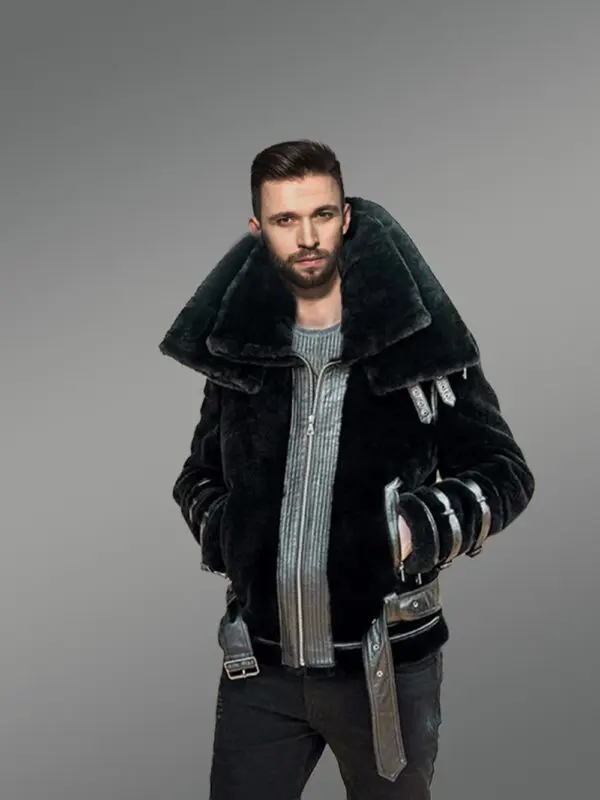 Men’s Belted Shealing Bomber in Black