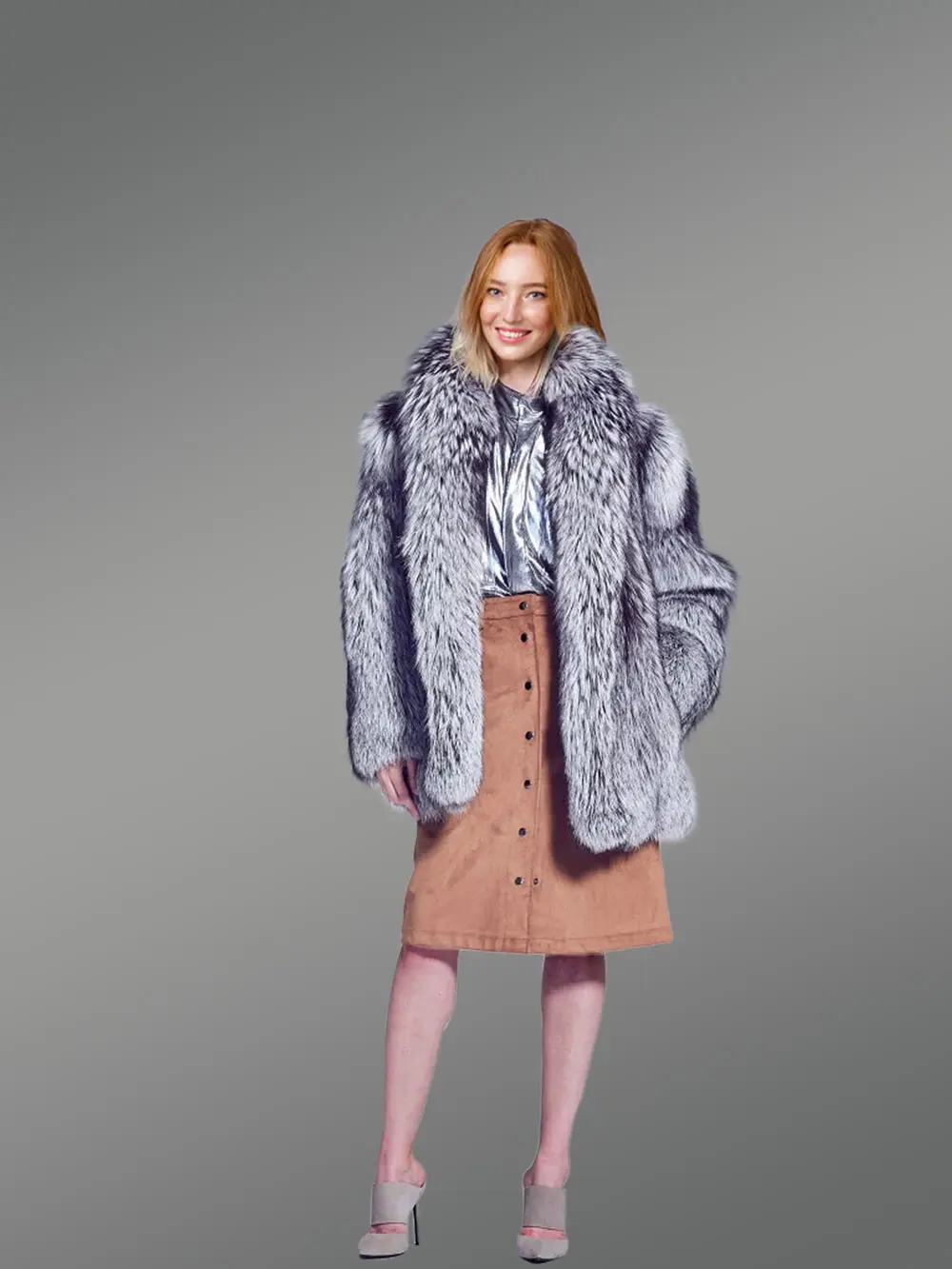 Women Mid Length Silver Fox Fur Coat - Image 3