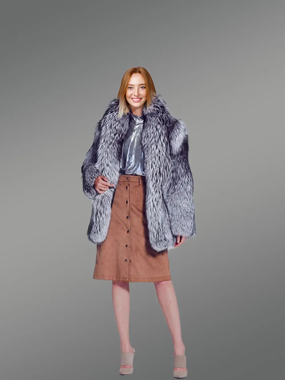 Women Mid Length Silver Fox Fur Coat - Image 2