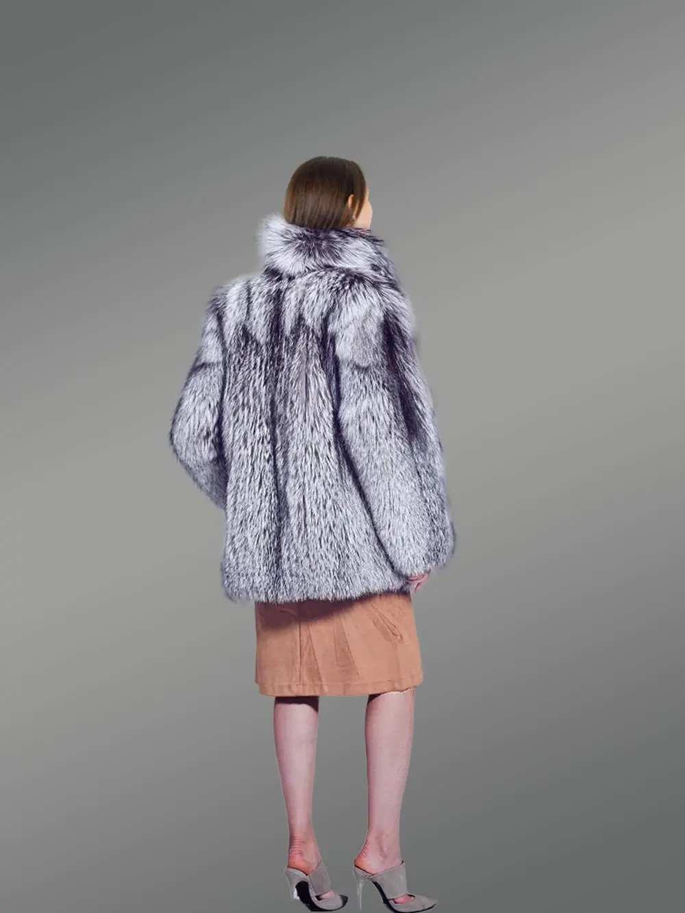 Women Mid Length Silver Fox Fur Coat - Image 4