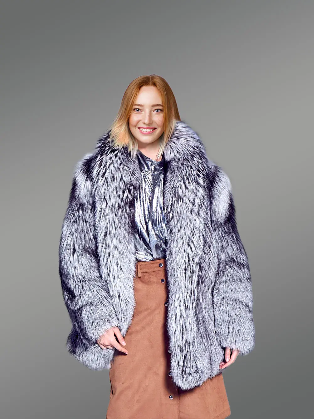 Women Mid Length Silver Fox Fur Coat