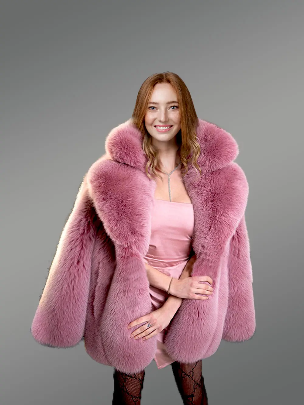Womens Fox Fur Long Coat in Swing Style