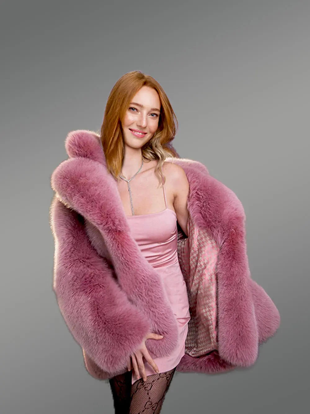 Womens Fox Fur Long Coat in Swing Style - Image 4