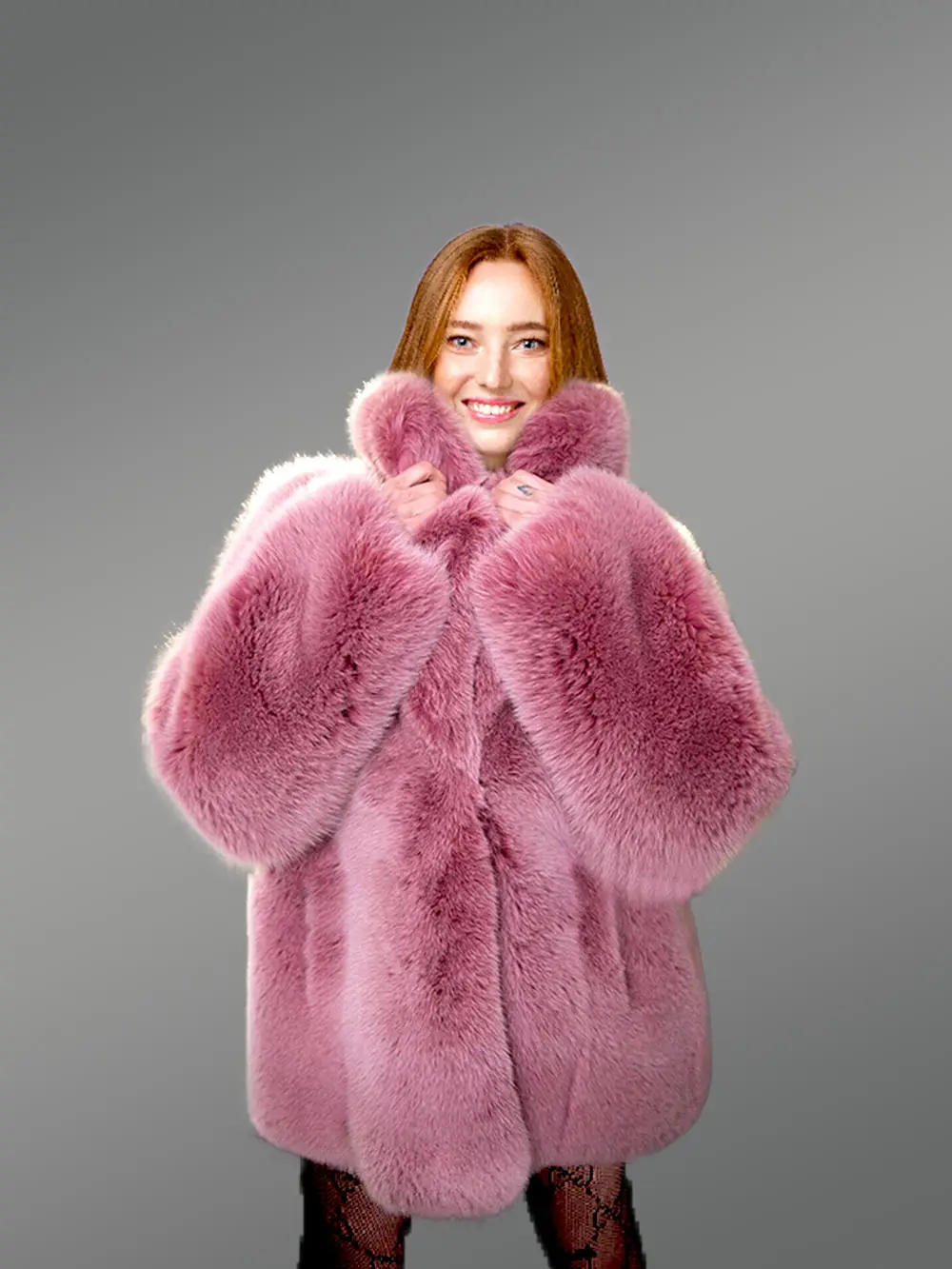 Womens Fox Fur Long Coat in Swing Style - Image 3