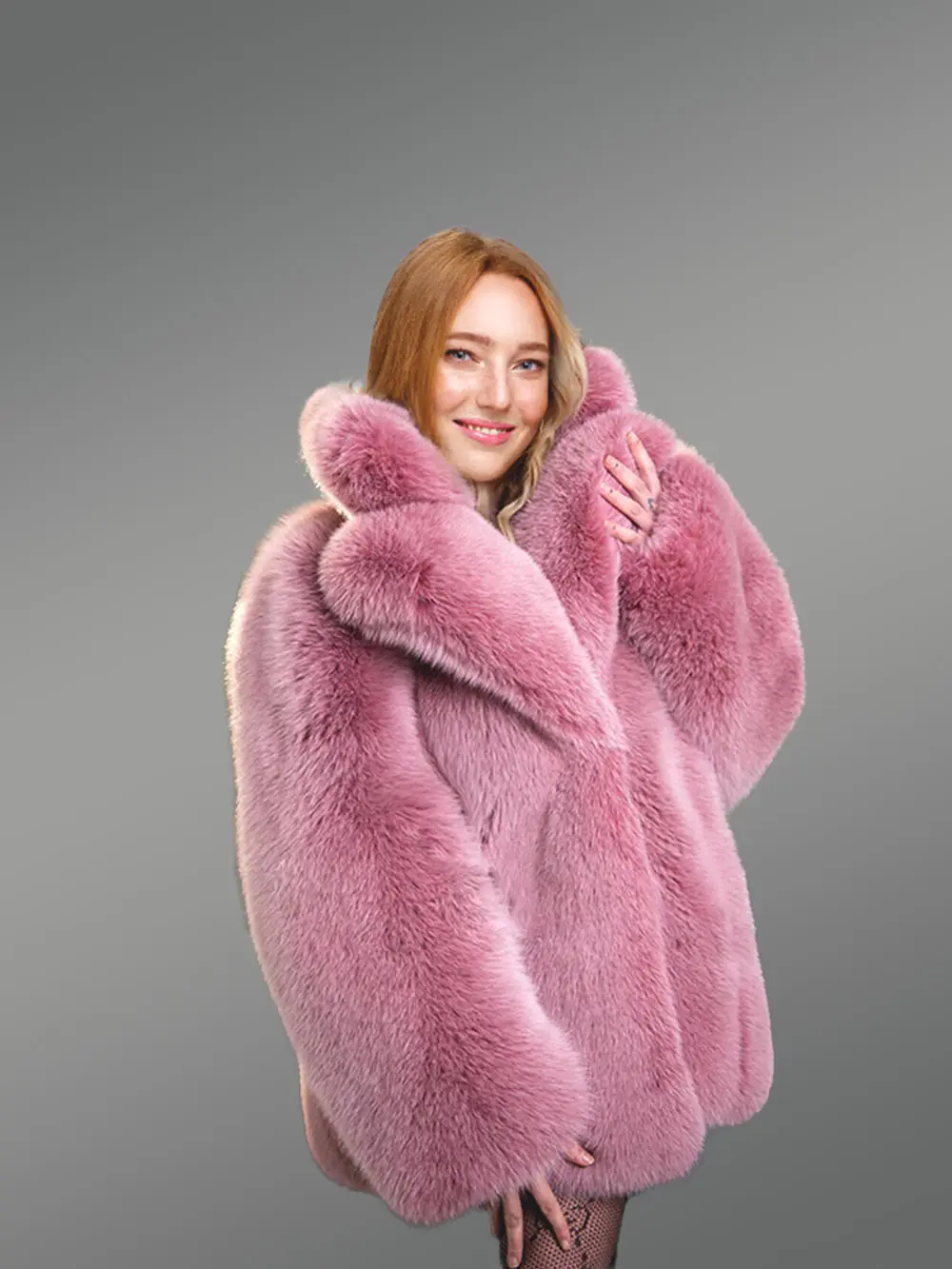 Womens Fox Fur Long Coat in Swing Style - Image 6
