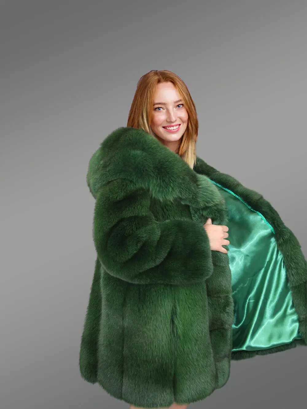Womens Long Coat in Fox Fur Pelts and Satin - Image 2