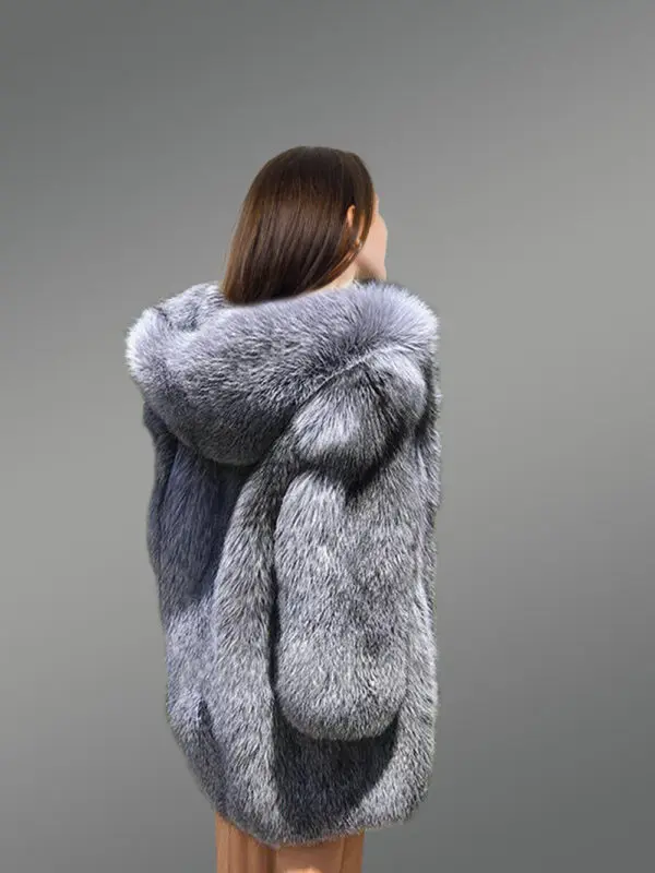 Long Silver Fox Fur Coat with Hood - Image 8