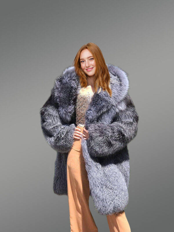 Long Silver Fox Fur Coat with Hood