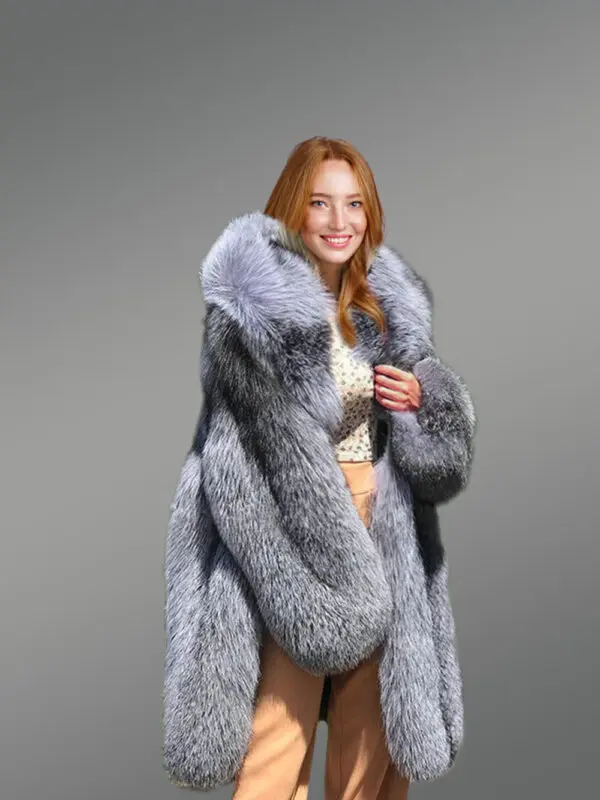 Long Silver Fox Fur Coat with Hood - Image 6