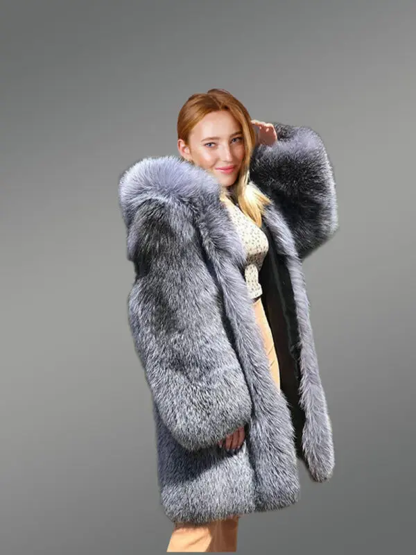 Long Silver Fox Fur Coat with Hood - Image 5