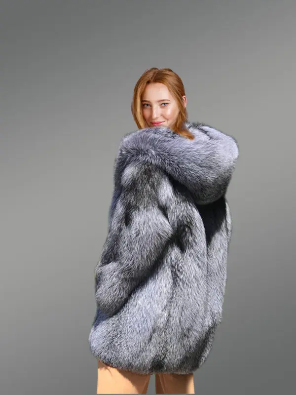 Long Silver Fox Fur Coat with Hood - Image 7