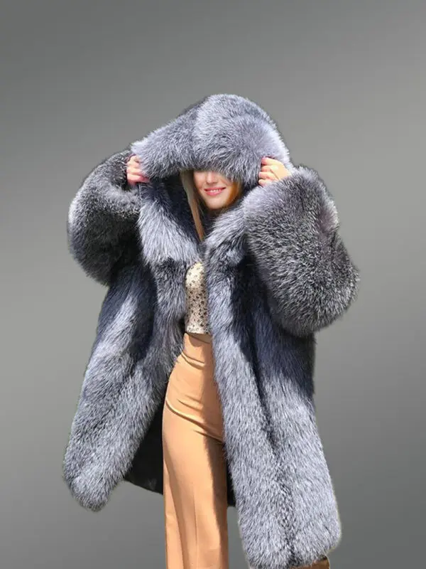 Long Silver Fox Fur Coat with Hood - Image 3
