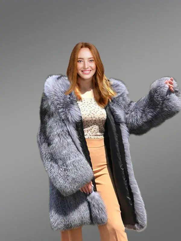 Long Silver Fox Fur Coat with Hood - Image 4