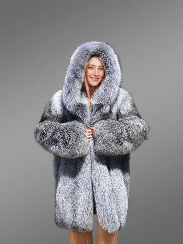 Long Silver Fox Fur Coat with Hood - Image 2