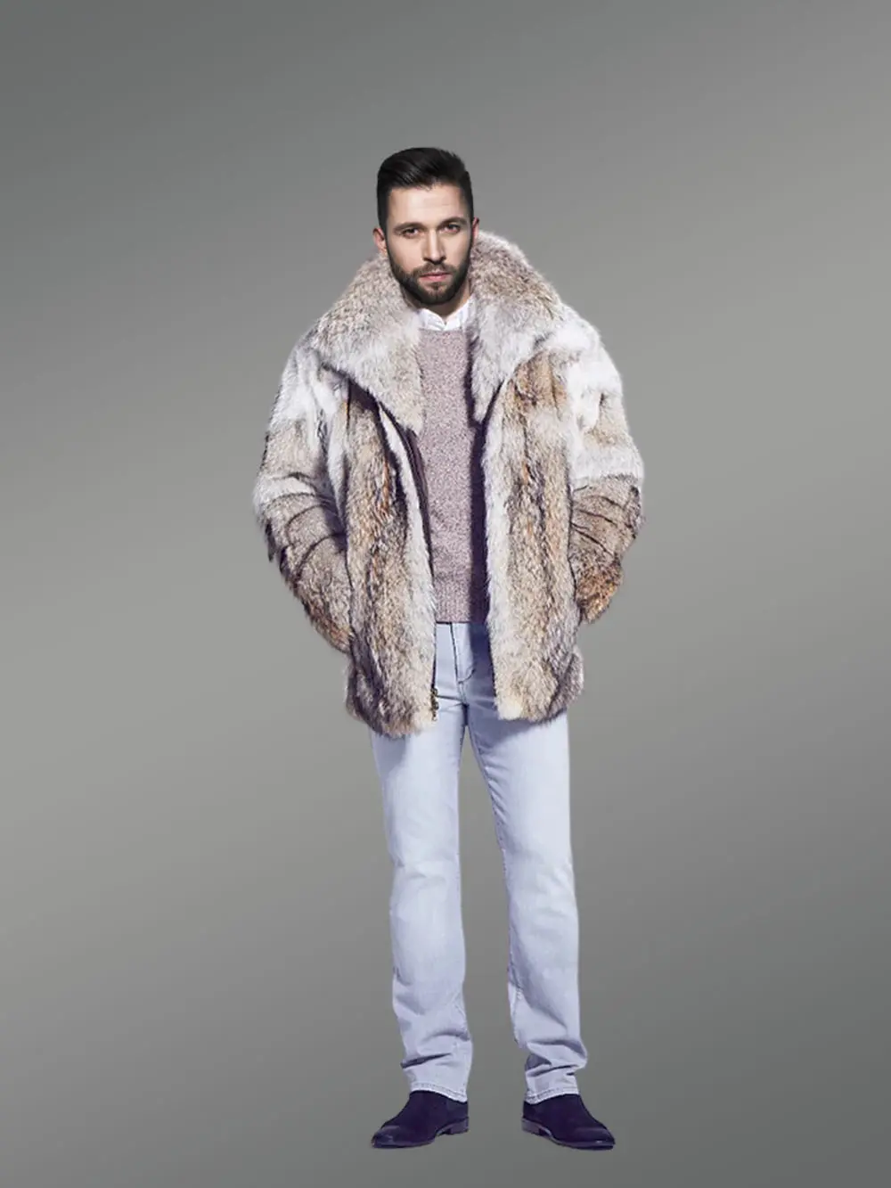 Mens Coyote Fur Bomber Jacket To Look Fashionable & Stay Warm - Image 2
