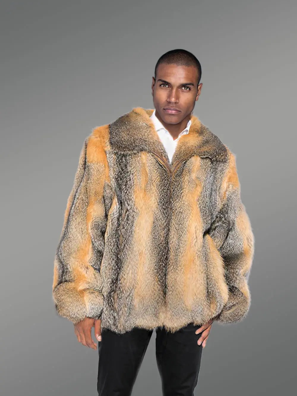 Men Bomber Jacket in Grey Fox Fur - Image 3
