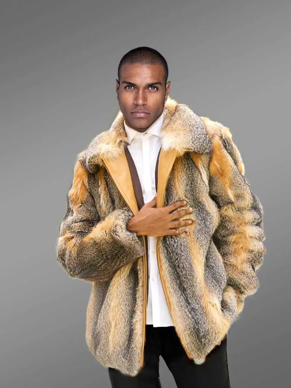 Men Bomber Jacket in Grey Fox Fur - Image 2