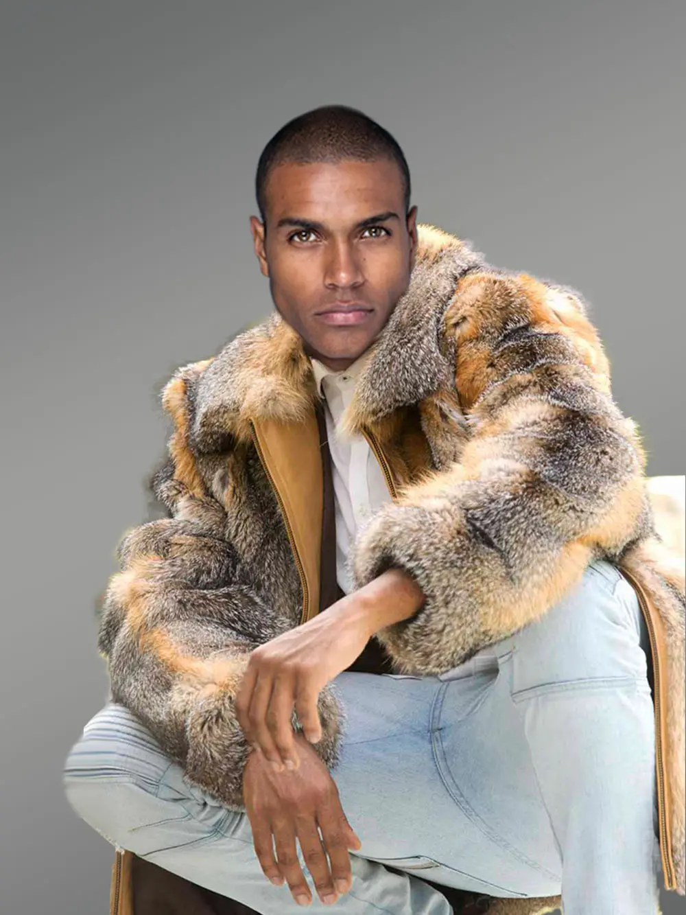Men Bomber Jacket in Grey Fox Fur - Image 6