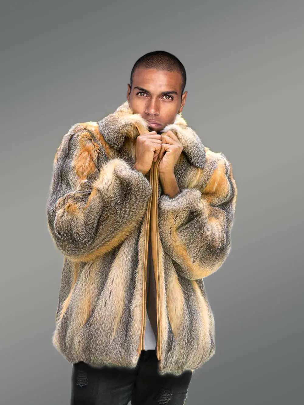 Men Bomber Jacket in Grey Fox Fur - Image 5