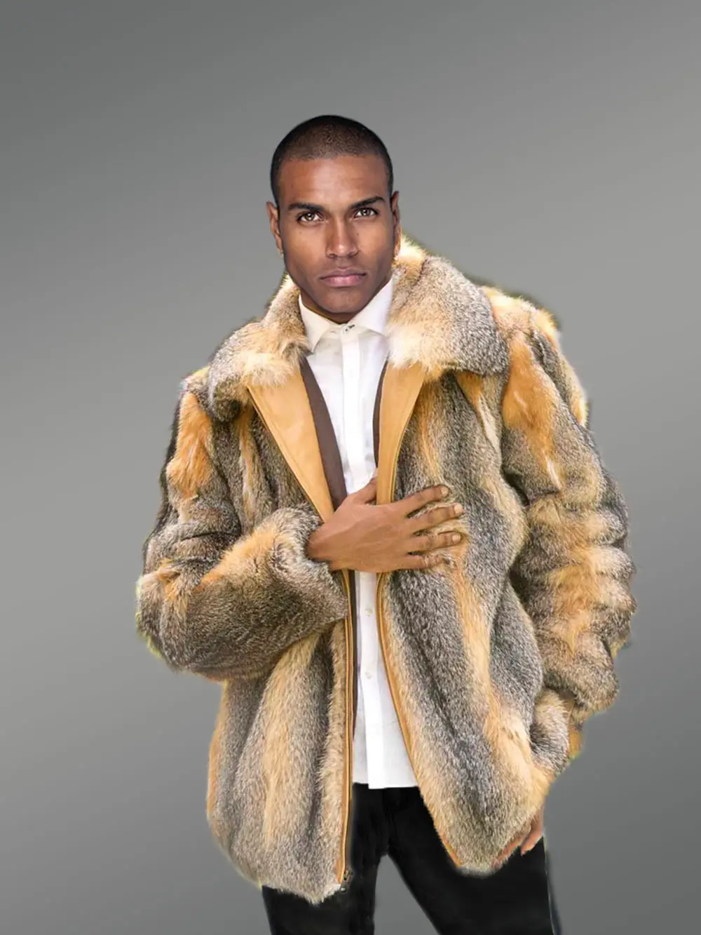 Men Bomber Jacket in Grey Fox Fur - Image 4