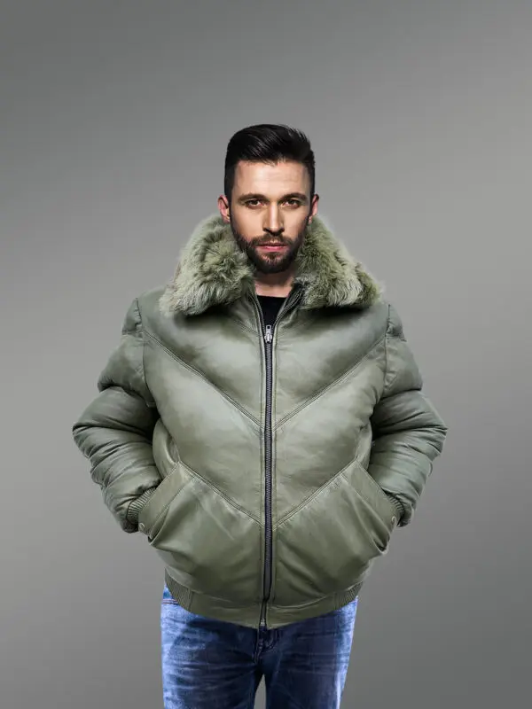 Olive Leather Bomber Jacket With Fur - Image 2