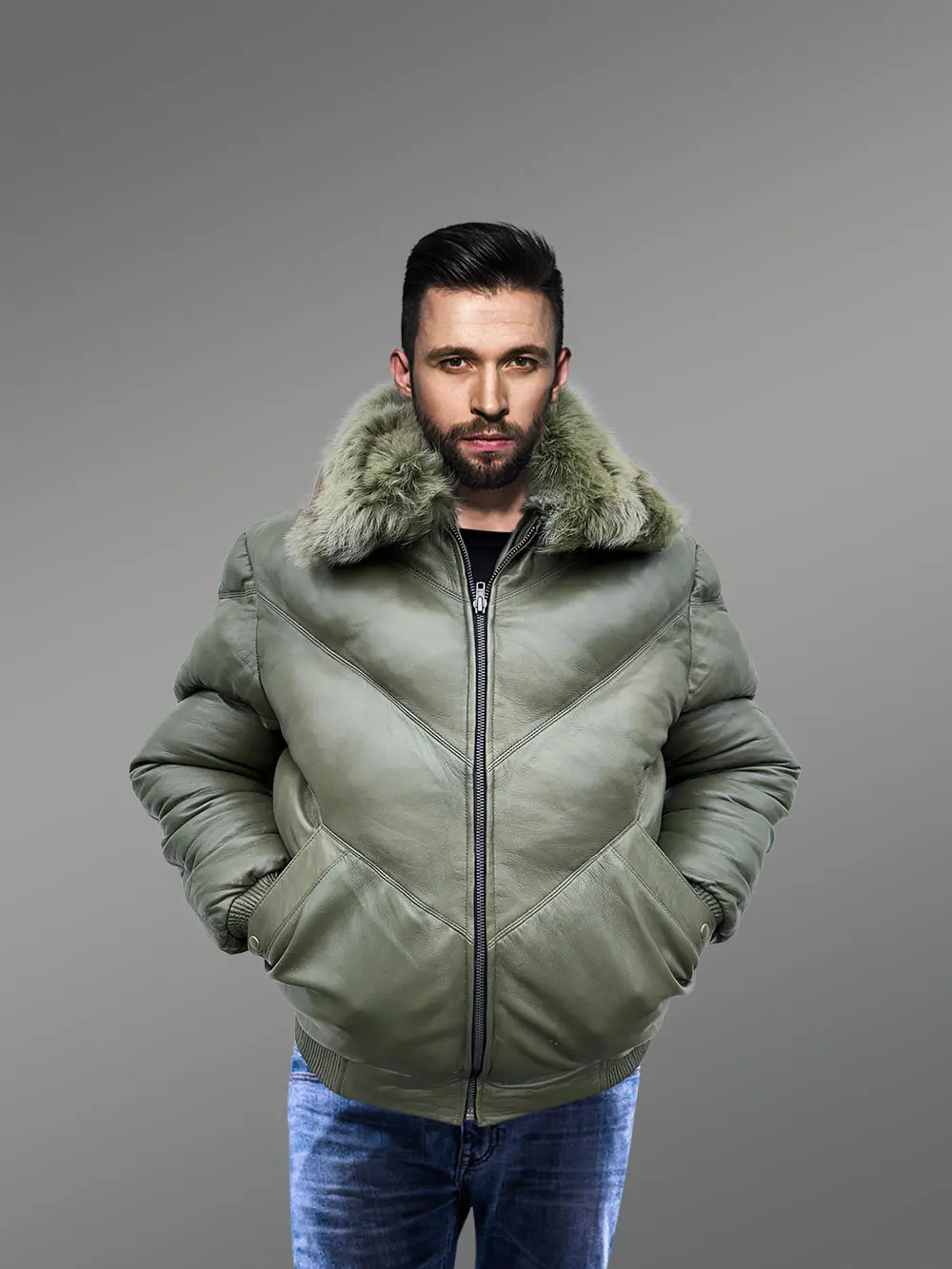 Olive Leather Bomber Jacket With Fur - Image 2