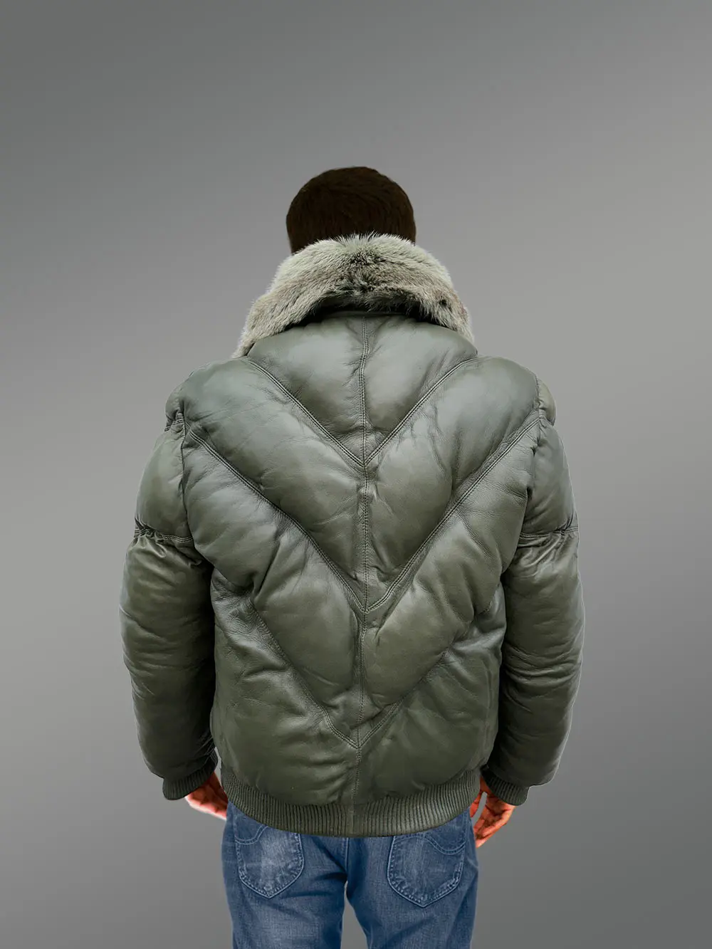 Olive Leather Bomber Jacket With Fur - Image 4