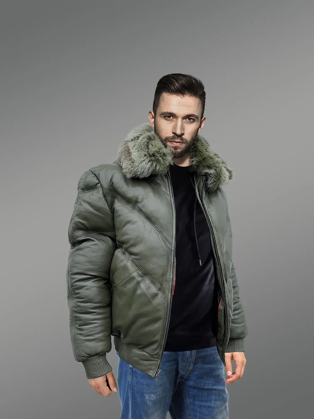 Olive Leather Bomber Jacket With Fur - Image 3
