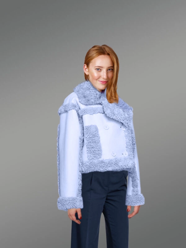 Shearling Double Breast Crop Jacket for Women - Image 3
