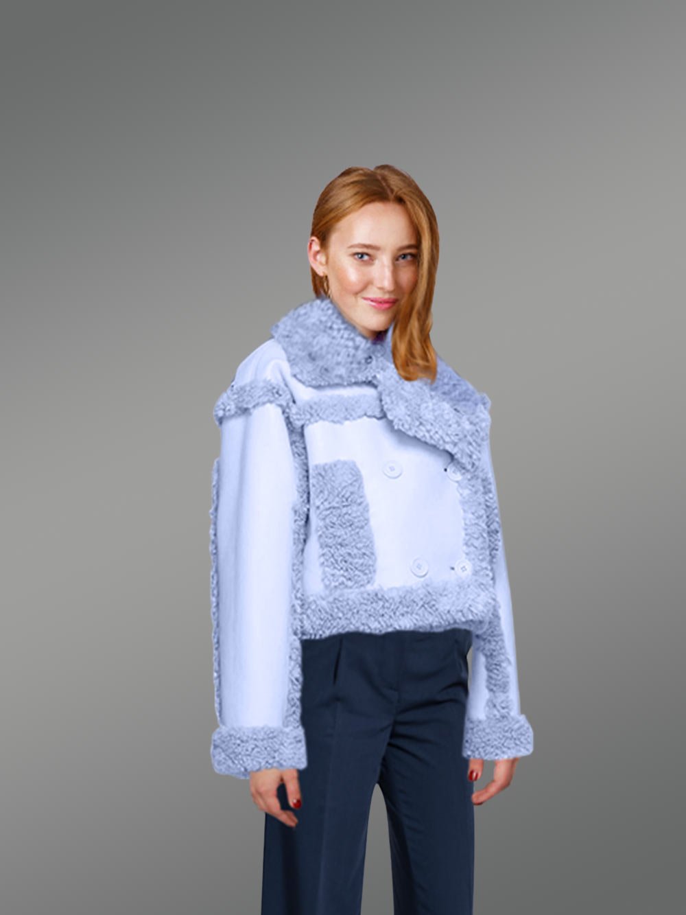 Shearling Double Breast Crop Jacket for Women - Image 3