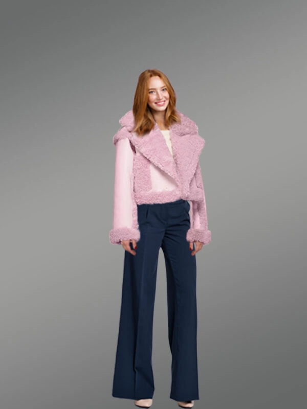 Shearling Double Breast Crop Jacket for Women in Pink - Image 2