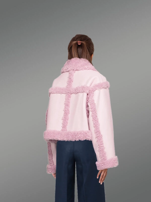 Shearling Double Breast Crop Jacket for Women in Pink - Image 4