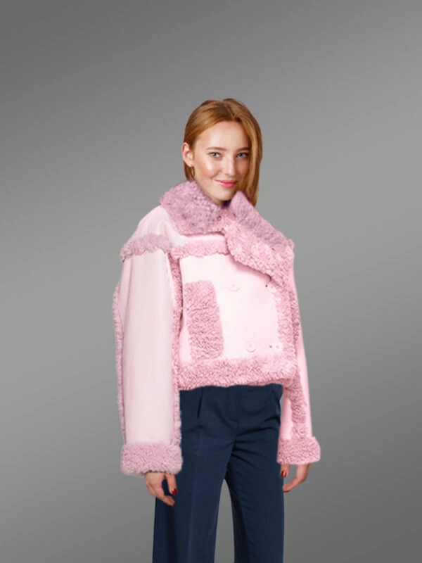Shearling Double Breast Crop Jacket for Women in Pink - Image 3