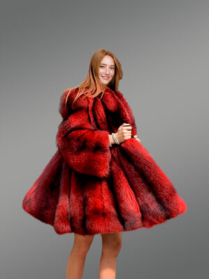 Dressy Cross Fox Fur Coat in Blood Red