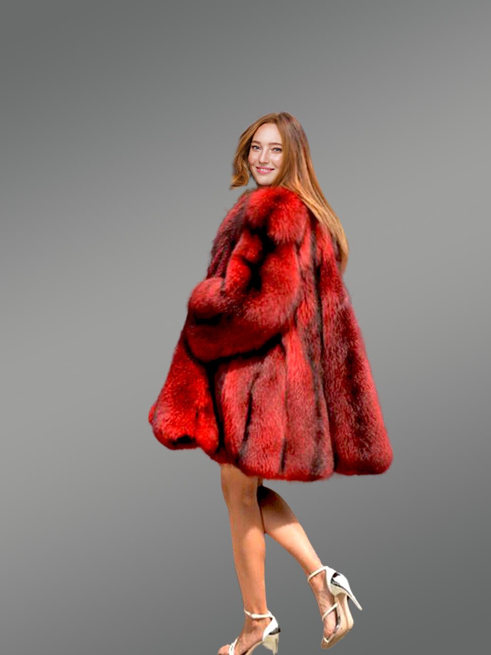 Dressy Cross Fox Fur Coat in Blood Red - Image 4