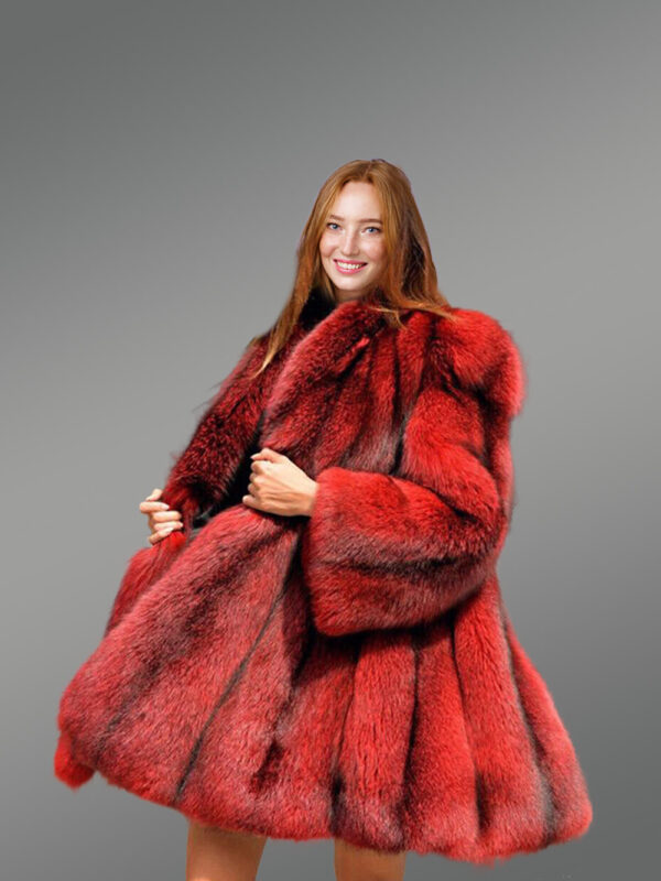 Dressy Cross Fox Fur Coat in Blood Red - Image 3