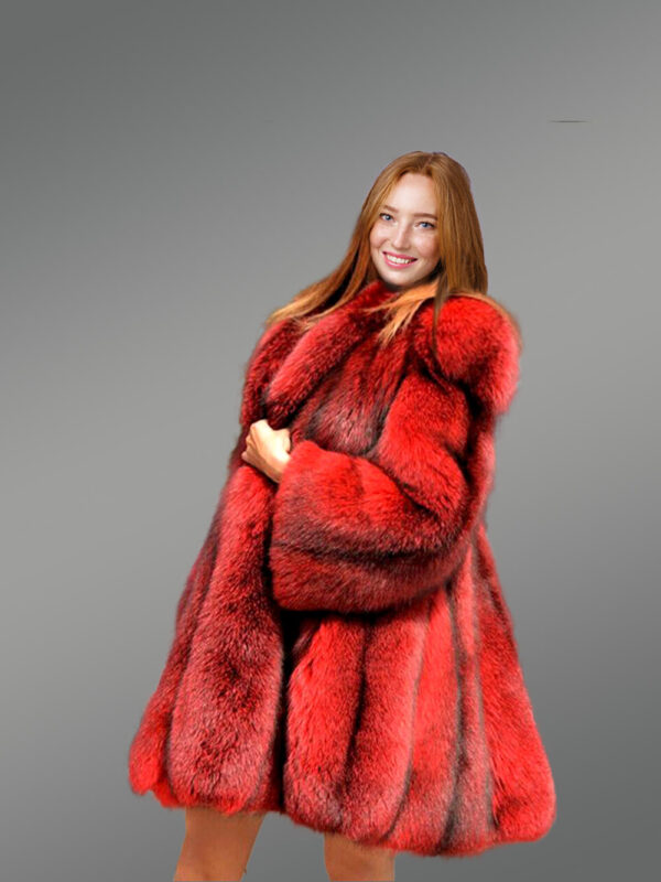 Dressy Cross Fox Fur Coat in Blood Red - Image 2