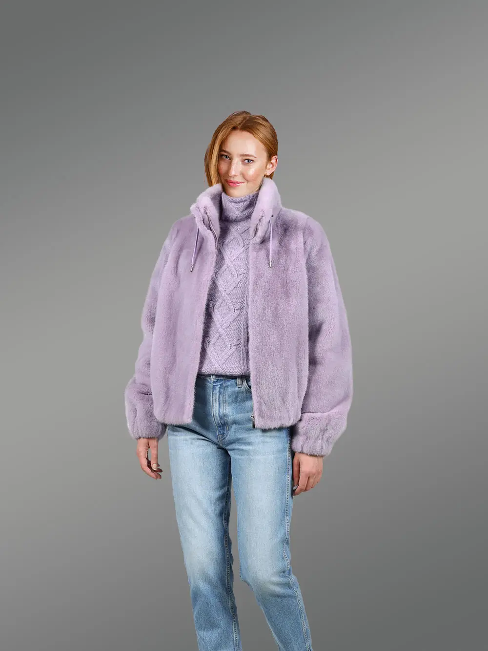 Full Skin Turtle Neck Mink Bomber in Mauve - Image 3