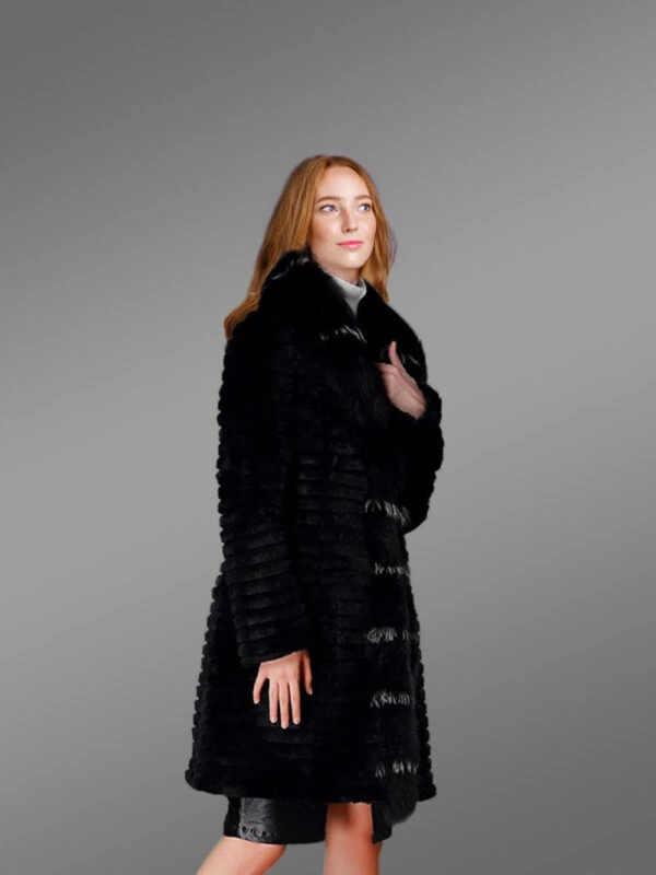 Horizontal Layered Rabbit Coat with Frontline Fox Trims - Image 4