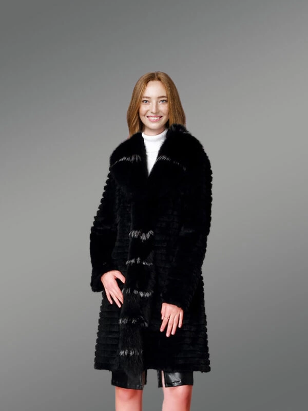 Horizontal Layered Rabbit Coat with Frontline Fox Trims - Image 2