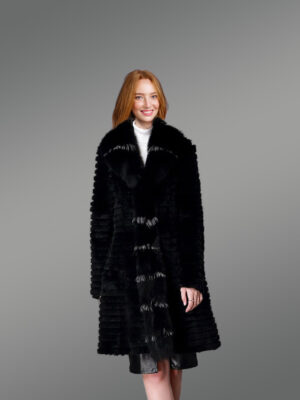 Horizontal Layered Rabbit Coat with Frontline Fox Trims