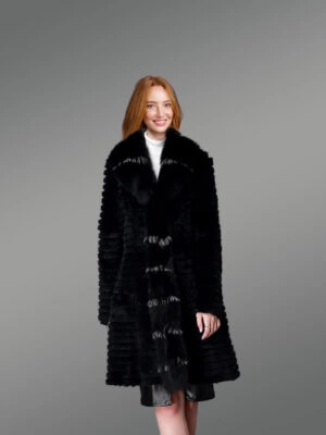 Horizontal Layered Rabbit Coat with Frontline Fox Trims
