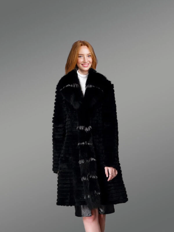 Horizontal Layered Rabbit Coat with Frontline Fox Trims